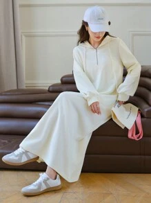 EastFlair Váy nỉ dài tay có mũ trùm đầu rút dây kéo thời trang thu đông cho nữ - Màu be - Xem 1