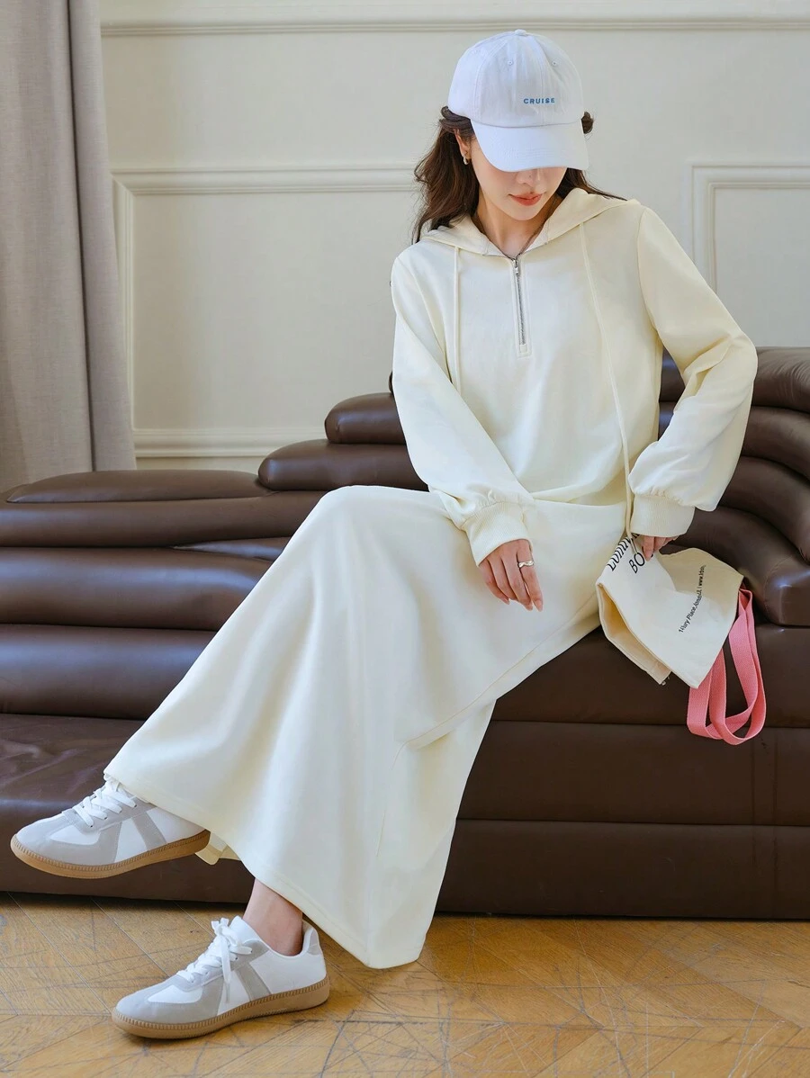 EastFlair Váy nỉ dài tay có mũ trùm đầu rút dây kéo thời trang thu đông cho nữ - Màu be - Xem 1