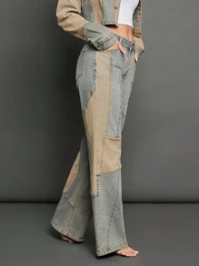 WESTFADE Premium 99% Cotton Denim Mid Rise Patchwork Y2K Wide Leg Jeans - Light Wash - View 6