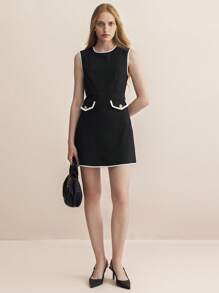 BizChic 女士优雅通勤黑白拼色无袖连衣裙秋季女装 - 黑色 - 查看 3