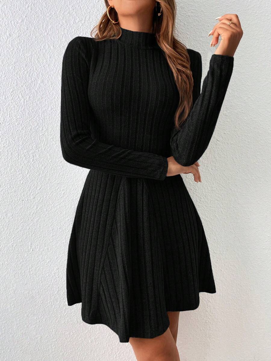 SHEIN Essnce 女式纯色立领罗纹休闲长袖连衣裙，春夏 - 黑色 - 查看 1