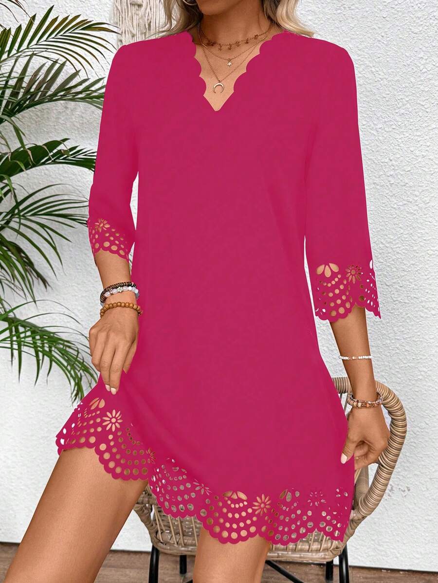 Chiquease Vestido elegante con diseño calado para mujeres - Rosa Fucsia - Ver 1
