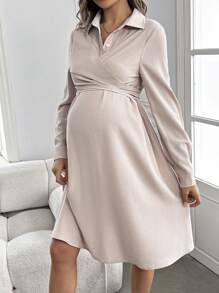 SHEIN Maternity Long Sleeve Button Up Polo Dress, Suitable For Fall/Winter, Pregnancy, Teacher, Baby Shower