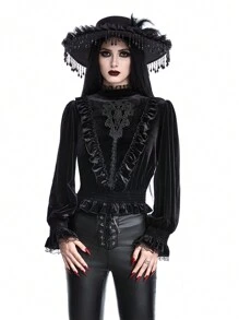 ROMWE Gothic Vampire Palace Style Embroidered Puff Sleeve Velvet Blouse For Women - Black - View 5