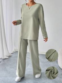 SHEIN LUNE 25+ Casual Sports Marbled Sweatshirt And Pants 2pcs Set - Army Green - View 1