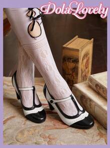 Dola Lovely Giày cao gót nữ đen trắng Mary Jane phong cách cổ điển Lolita họa tiết ren thu - Đen và trắng - Xem 3