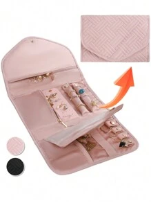1 pieza Bolsa plegable de almacenamiento de joyas, organizador de estuche de joyas para viaje para aretes, collares, anillos, pulseras, broches, rosa, bolsa de maquillaje, organizador de joyas portátil, accesorio de viaje esencial, negro, rosa en talla M/L