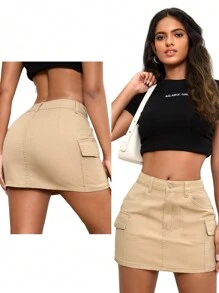 SHEIN EZwear Chân váy chữ A denim túi hộp thường ngày cho nữ - Màu Khaki - Xem 4