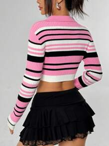 SHEIN Unity 女士秋冬条纹高领长袖短款修身毛衣 - 彩色 - 查看 2