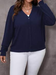 Cardigan de Gola V de Cor Sólida Plus Size para Outono/Inverno - Azul Royal - Visão 6