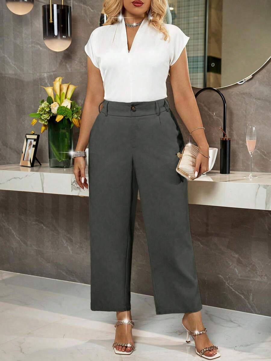 SHEIN Unity Pantalones elegantes minimalistas de talla grande para mujer en unicolor, corte amplio y suelto con bolsillos - Gris - Ver 1