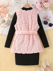 少女 2 件套：长袖纯色连衣裙和无袖背心，粉色 - 彩色 - 查看 2
