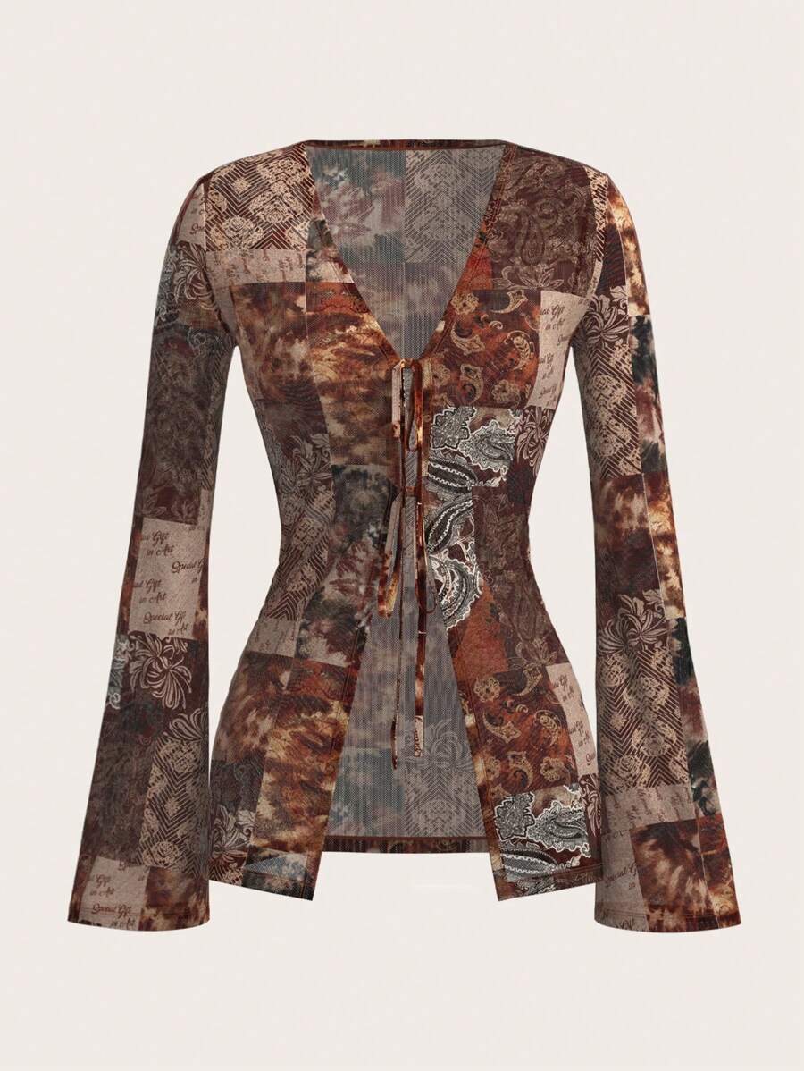 SHEIN ICON 网眼透视花卉印花开衫 - 彩色 - 查看 1