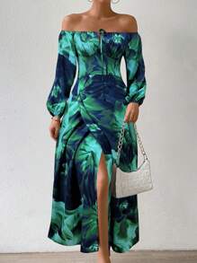 VaVaBold Đầm Maxi hở vai in hoa tay đèn lồng xẻ tà thanh lịch cho nữ đi nghỉ - Nhiều màu - Xem 5