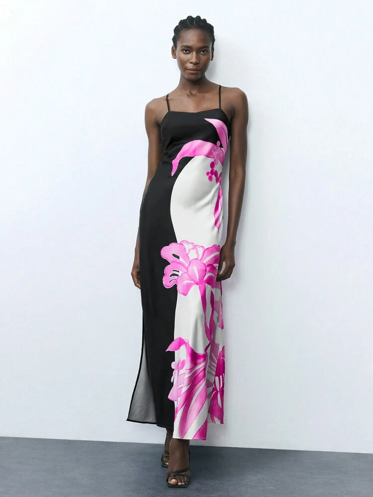 SHEIN Maija Women Spaghetti Strap Backless Floral Print Color Block Fitted Slit Dress Floral Dress