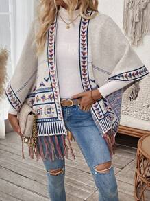 SHEIN LUNE Geometric Print Batwing Sleeve Casual Cardigan With Tassel Trim - Apricot - View 4