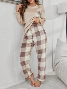 Women's 2 Pieces Teddy Bear Embroidered Top Plaid Pants Flannel Fluffy Pajamas, Fall Winter Clothes
