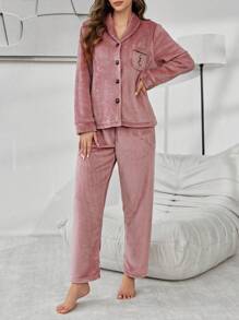 Plush Collar Pocket Embroidered Long Sleeve Top & Pants Fluffy Pajama Set, Fall Winter Clothes, Cozy Outfit - Dusty Pink - View 6