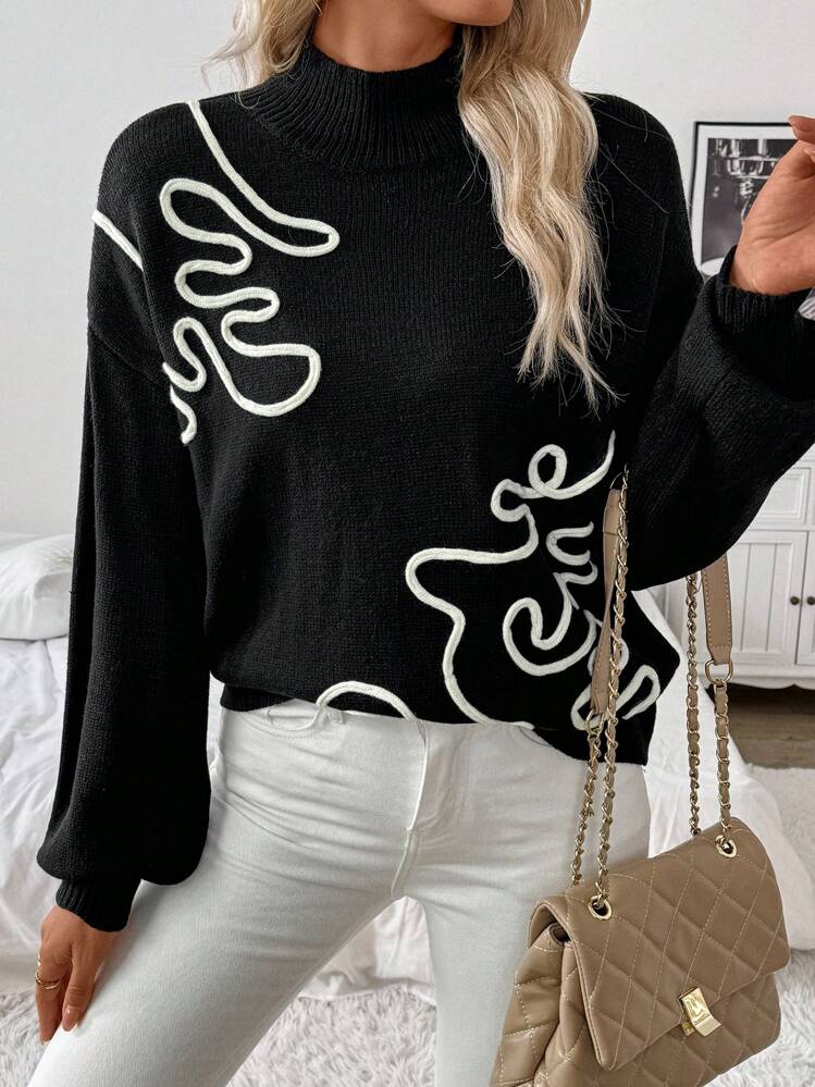 SHEIN LUNE Women's Casual Autumn/Winter Crew Neck Embroidered Sweater, Knit Pullover Fall - Black - View 1