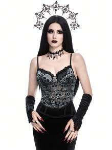 ROMWE Goth 金属骷髅吊坠网眼蕾丝骷髅提花半透明吊带背心 - 黑色 - 查看 2