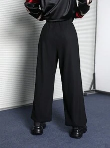 SHEIN EZwear 女式秋季街头休闲复古针织罗纹针织微绒纹理舒适长裤 - 黑色 - 查看 2