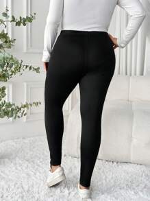 EMERY ROSE Plus Size Comfortable Warm Stretchy Colorblock Thermal Lined Leggings - Black - View 2
