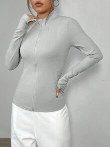 SHEIN Unity Chaqueta de mujer con cierre de cremallera, cuello alto y ajuste delgado, para 4 estaciones - Gris - Ver 4