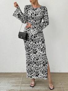 SHEIN Essnce Vestido de mujer ajustado de cuello redondo de manga larga con bajo dividido con estampado total, vestidos de mujer de primavera/verano, vestidos de mujer de otoño, vestido sexy, vestido largo, vestido de fiesta, vestido informal de oficina, vestido de mujer de otoño, vestido de mujer de invierno, faldas de mujer de moda coreana, atuendos de mujer de otoño, atuendos de mujer de invierno, ropa de mujer de invierno, atuendo de cena, ropa de otoño, vestido de invierno, conjunto de ropa de invierno, vestido de gala formal - Multicolor - Ver 6