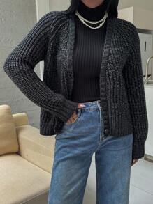 SHEIN Essnce 2024 Fall New Dark-Color Short Knitted Cardigan, Black Sweater,Fall Sweaters,Fall Clothes - Dark Grey - View 3