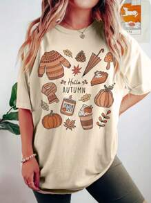 SHEIN LUNE Halloween Plus Size Floral Print Short Sleeve Crew Neck T-Shirt, Summer/Fall Top - Apricot - View 1