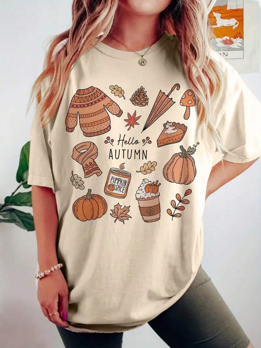 SHEIN LUNE Halloween Plus Size Floral Print Short Sleeve Crew Neck T-Shirt, Summer/Fall Top - Apricot - View 1