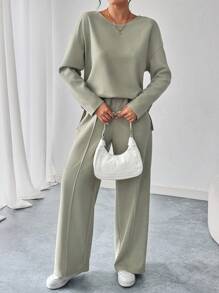 SHEIN LUNE 25+ Casual Sports Marbled Sweatshirt And Pants 2pcs Set - Army Green - View 4