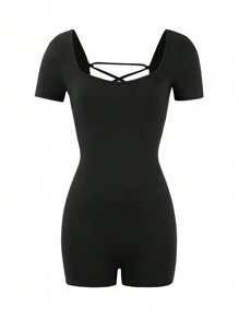 女士性感交叉露背连体裤，女士健身服，适合日常穿着、通勤 - 黑色 - 查看 3