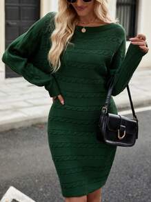 Chiquease 1pc Off-Shoulder Form-Fitting Solid Color Casual Sexy Knitted Dress - Green - View 1