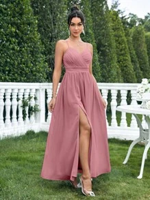 SHEIN Belle Women's Elegant Long Dress, Chiffon Spaghetti Strap Slit Dress, Summer Long Dress, Party Cocktail Dress, Formal Gown - Dusty Pink - View 5