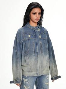 ROMWE Grunge Punk Women's Drop Shoulder Long Sleeve Loose Distressed Denim Jacket