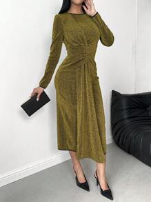Chiquease 优雅迷人皱褶长袖连衣裙 - 金色 - 查看 5