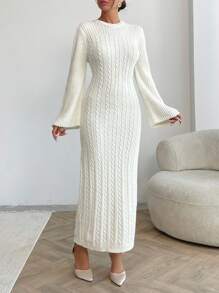 EURMUSE Cable Pattern Sweater Dress Fall Winter - White - View 5