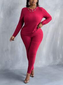 Slaydiva Casual Basic Women's Plus Size Pineapple Grid Texture Knit Slim Fit Sports & Leisure Two-Piece Outfit Set - Burgundy - View 5