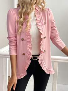 SHEIN LUNE 纯色前扣长袖荷叶边下摆休闲夹克