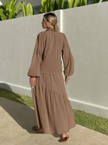 EURMUSE 2pcs Set: Ruffled Collar Lantern Sleeve Blouse And Skirt - Brown - View 2