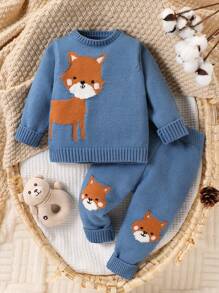 SHEIN Vintaside Kids 男婴卡通狐狸图案圆领长袖针织毛衣和裤子休闲装，秋冬 - 藍色 - 查看 1