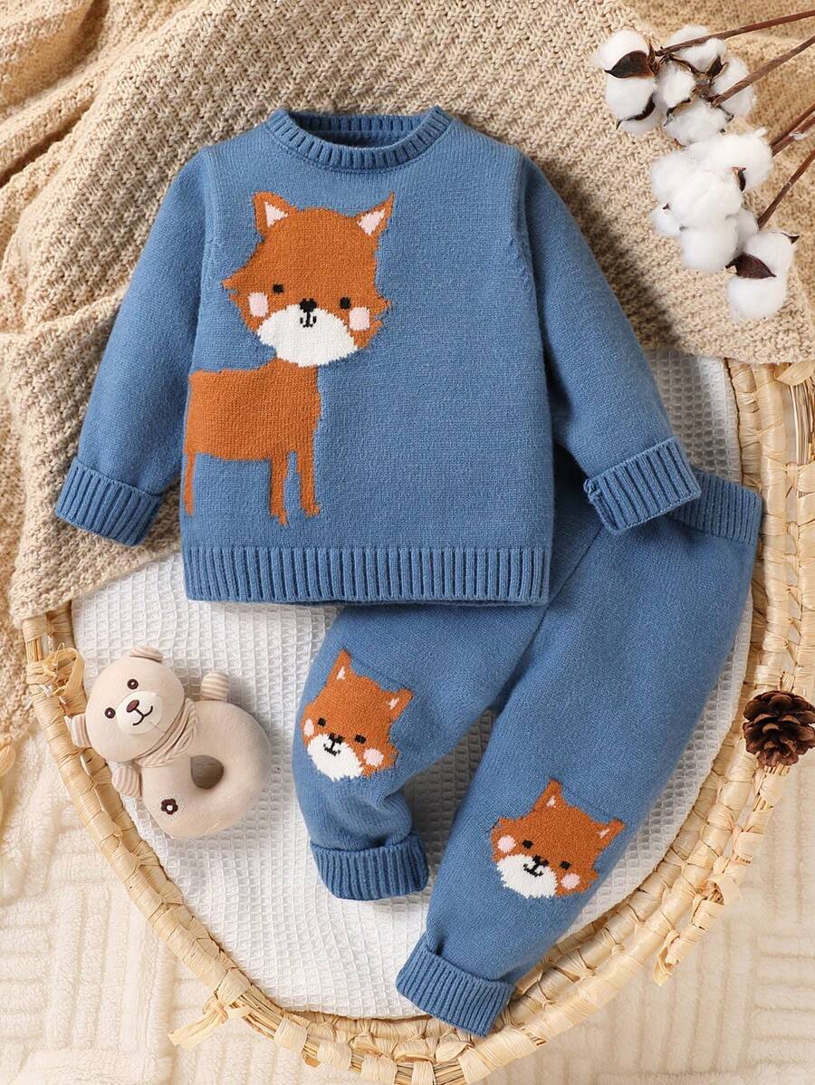SHEIN Vintaside Kids 男婴卡通狐狸图案圆领长袖针织毛衣和裤子休闲装，秋冬 - 藍色 - 查看 1