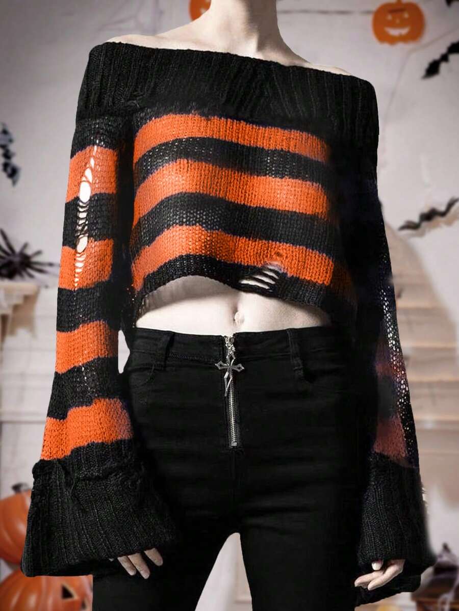 Jersey de mujer de manga larga con diseño de rayas de contraste de un hombro y agujero, de moda nueva para Halloween - Multicolor - Ver 1