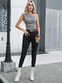 SHEIN Privé Áo cánh không đối xứng màu trơn thường ngày cho nữ, mùa hè - Màu Xám nhạt - Xem 5