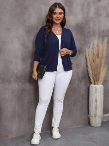 Cardigan de Gola V de Cor Sólida Plus Size para Outono/Inverno - Azul Royal - Visão 3