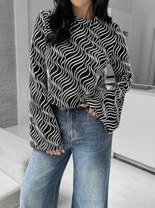 SHEIN Essnce 女士春夏休闲波浪条纹长袖 T 恤、秋季 T 恤 - 黑與白 - 查看 4