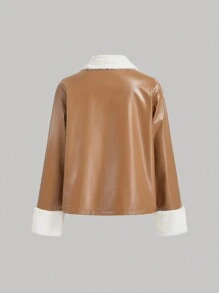 SHEIN MOD 棕色與白色女款寬鬆版型毛領夾克，優雅開學季外套，文藝復興復古風格，適合工作與商務休閒 - 芥末黃 - 查看 8
