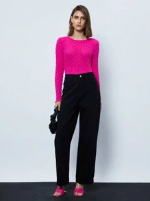 Maija Women's Solid Color Crew Neck Long Sleeve Fitted Bodysuit, Spring & Summer - Hot Pink - View 2