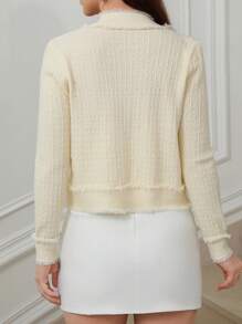 Chiquease 女士纽扣式休闲柔和优雅双口袋甜美设计 V 领长袖开衫 - 米色 - 查看 2